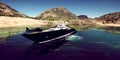 Extremely detailed and realistc high resolution 3D illustration of a luxury Super Yacht at a tropcial Island