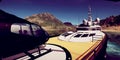 Extremely detailed and realistc high resolution 3D illustration of a luxury Super Yacht at a tropcial Island