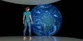 Extremely detailed and realistic high resolution 3D illustration of female Astronaut looking at Earth. Shot from Space.
