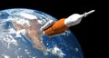 Extremely detailed and realistic high resolution 3D illustration of a Space Launch System SLS Rocket. Shot from Space.