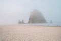 Extremely foggy view of Haystack Rock in Cannon Beach Oregon during the morning Royalty Free Stock Photo