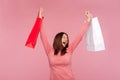 Extremely happy satisfied woman with brown hair in pink sweater rising hands with shopping bags, celebrating good holiday sales Royalty Free Stock Photo