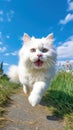 extremely happy white long haired cat galloping along a path on a hot summer day