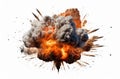Extremely hot fiery explosion with sparks and smoke, against white background Royalty Free Stock Photo