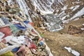 Extremely old volcanic rocks in the Stok Kangri area shrouded in winter snow guarded by the mummy of Tibetan flags and stones