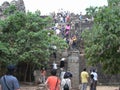 Extremely steep staircase at Phnom Bakheng, Angkor, at year 2008. Since the stair was replaced by decent wooden one with railing o