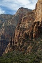 Red stone cliffs in the mountains of Zion national park with a wide-angle perspective