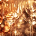 Extrime closeup of empty champagne glasses in a row. Wine goblet at wedding reception Royalty Free Stock Photo