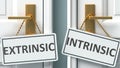 Extrinsic or intrinsic as a choice in life - pictured as words Extrinsic, intrinsic on doors to show that Extrinsic and intrinsic
