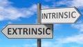 Extrinsic and intrinsic as a choice, pictured as words Extrinsic, intrinsic on road signs to show that when a person makes