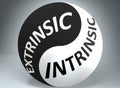 Extrinsic and intrinsic in balance - pictured as words Extrinsic, intrinsic and yin yang symbol, to show harmony between Extrinsic