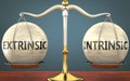 Extrinsic and intrinsic staying in balance - pictured as a metal scale with weights and labels extrinsic and intrinsic to