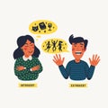 Extrovert and introvert. Extraversion and introversion concept - a young calm woman and talkative man