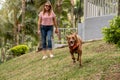 The exuberant dog runs towards the camera in the park, accompanied by its owner