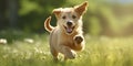 Exuberant golden puppy in mid-leap, joy embodied with each bound across