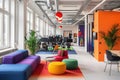 An exuberantly decorated room bursting with a plethora of colorful furniture, A bright, youthful startup office with colorful Royalty Free Stock Photo
