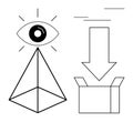 Eye Above Pyramid and Downward Arrow Pointing Into Open Box Representing Vision and Knowledge Transfer Royalty Free Stock Photo