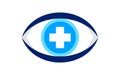 Eye blue with cross sign isolated on white, eyeball and plus symbol, health care eye concept, eyesight, see, vision, look, view