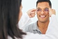 Eye care, glasses and happy man with lens from optician for vision, eyesight and optical frames. Face of customer