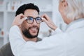 Eye care, glasses for vision and lens, choice and optometrist with patient, health and test at clinic. Prescription Royalty Free Stock Photo