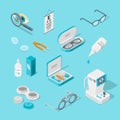 Eye care and health, vector 3d isometric icons set. Contact lenses, glasses, ophthalmology equipment illustration. Royalty Free Stock Photo