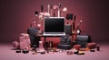 eye-catching Black Friday arrangement featuring a mix of electronics, fashion items, and beauty product, AI generated