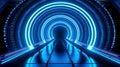 Eye-catching blue neon tunnel with circle arch and light rays