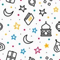 Crescent moons, stars, mosques, gifts, and books form a geometric pattern on a white background Royalty Free Stock Photo