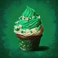 St. Patrick\'s day cupcake on green with three-leaved shamrocks (four leaf clove) on top generative AI Royalty Free Stock Photo