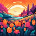 Sunrise Tulip Garden A Vibrant Graphic Design