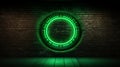 Eye-catching green neon circle on textured brick background