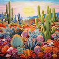 Eye-catching mosaic art featuring intricate succulents and cacti in a vibrant desert landscape