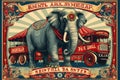 An eye-catching painting of an elephant standing confidently in front of a brightly colored bus, Retro-style poster for a vintage