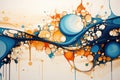 An eye-catching painting featuring blue and orange bubbles floating on a clean white backdrop, Draw an abstract dreamscape