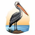 Eye-catching Pelican Standing On Stick: Traditional Landscape Tattoo Motif Royalty Free Stock Photo