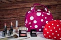 Eye-catching polka dot and makeup bags Royalty Free Stock Photo
