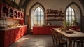 Eye-catching Red Kitchen With Medieval-inspired French Landscape Design