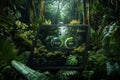 Innovative Tablet Computer Showcasing a Lush Jungle Scene Representing Carbon Neutrality in Technology Royalty Free Stock Photo