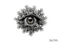 An eye at the center, surrounded by numerous small human-like hands extending outwards. The hands, Royalty Free Stock Photo