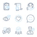 Eye checklist, Valet servant and Heart target icons set. Check eye, Smile chat and Time management signs. Vector