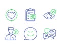 Eye checklist, Valet servant and Heart target icons set. Check eye, Smile chat and Time management signs. Vector
