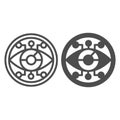 Eye circle with connections line and solid icon, neural network concept. Vector graphics. Visual recognition program
