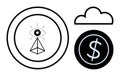 Eye within a circle, geometric pyramid, cloud and dollar sign inside a black circle Royalty Free Stock Photo