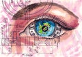 Eye-clock with reflection of the world. Watercolor vector. Steampunk. The symbolic image of the eye with a clock, like a