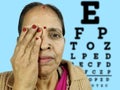 An eye close or hide due to testing at eye clinic , indian woman Royalty Free Stock Photo