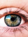 Eye close view. Human eye glance photo background. Emotional look, human face elements