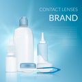 Eye contact lens. Realistic set of lenses, solution, drops, case, bottle. Medical and cosmetic illustration design Royalty Free Stock Photo