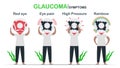 Eye disease symptoms include red eye, pain, high pressure and rainbow. National Glaucoma Awareness Month. Illustrated vector