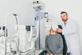 Eye doctor checking patient`s eyes on a machine. Royalty Free Stock Photo