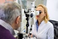 Eye doctor checkup eyes with apparatus Royalty Free Stock Photo